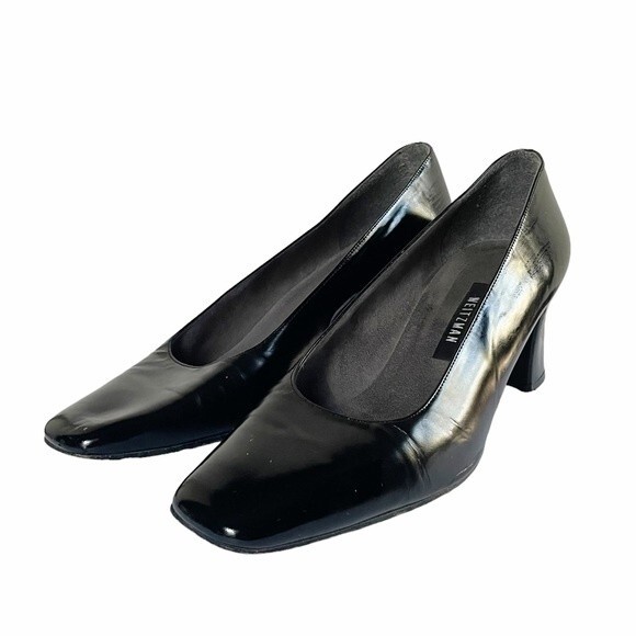 Stuart Weitzman Black Polished Leather Square Toe Block Heel Women’s Size 8W - Picture 6 of 14